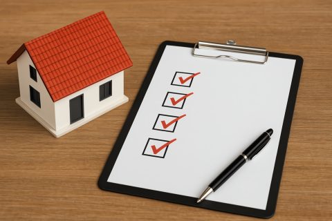 新築住宅やリフォーム工事の完了と品質確認を示すイメージ画像。赤い屋根の家の模型と、全ての項目にチェックが入った完了チェックリスト、ペンが木製テーブルに配置されています。